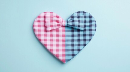 Gender reveal concept. Heart shape with pink and blue gingham pattern on blue background. Baby shower party.