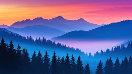 Fototapeta premium Beautiful mountain landscape with colorful sky and fog. Concept of nature, travel, and adventure.