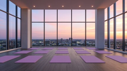 Fototapeta premium Yoga studio with mats and city view at sunset. Concept of wellness, exercise, and healthy lifestyle.