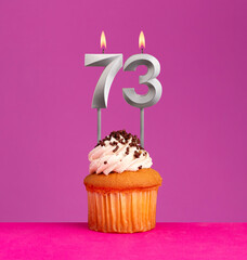 Birthday card on violet background - Candle number 73.