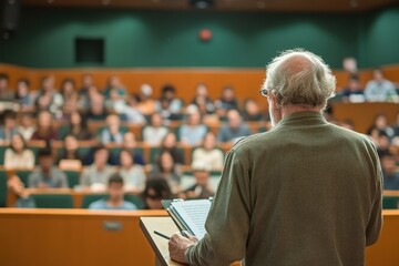 Fototapeta premium Elderly professor lecturing to a large audience in a lecture hall. Illustrates education, teaching, and knowledge sharing.