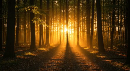Fototapeta premium Sunlit Forest Path: A captivating image capturing the sun's rays piercing through the dense trees of a tranquil forest path, illuminating the scene with a warm, golden glow.