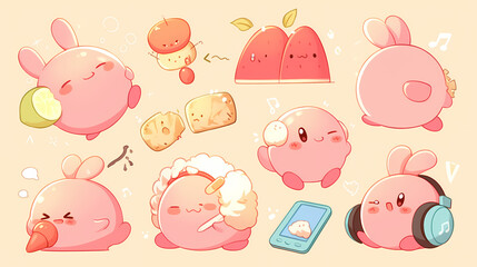 Fototapeta premium Cute animated characters featuring playful bunnies engaging with various foods and music in a colorful setting