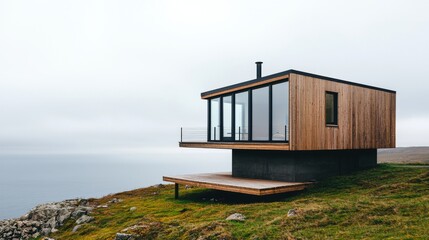 Fototapeta premium Modern house on a cliff overlooking the ocean. The house is made of wood and has large windows. The sky is cloudy and the ocean is calm.