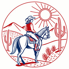 Fototapeta premium A cowgirl on horseback in the western landscape when the setting sun