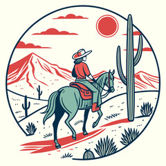 A cowgirl on horseback in the western landscape when the setting sun