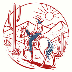 A cowgirl on horseback in the western landscape when the setting sun