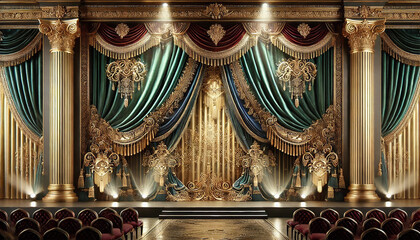 luxurious stage backdrop featuring elegantly draped curtains in rich velvet fabric. Generative AI illustration.