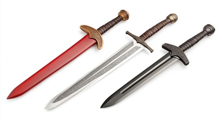 Three Fantasy Daggers with Sheaths on White Background