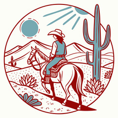 A cowgirl on horseback in the western landscape when the setting sun