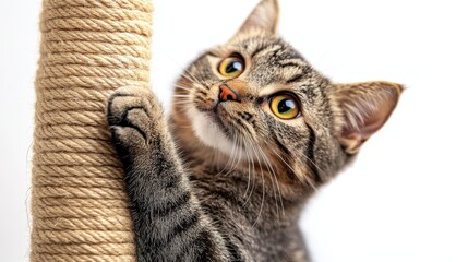 Fototapeta premium Tabby kitten playfully scratching a sisal scratching post. Perfect for websites, blogs, or pet product ads promoting cat care.