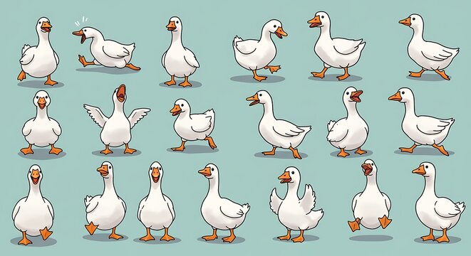 Illustration of geese in various poses - comical avian antics - children's books/digital wallpaper