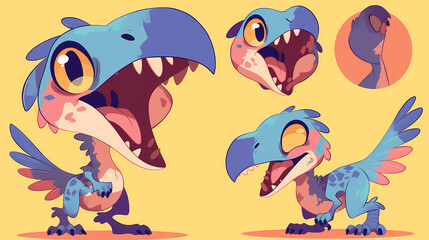 Colorful cartoon dinosaur character design showcasing various angles and expressions against a bright background