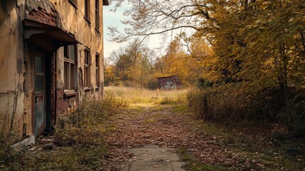 Abandoned Building Surrounded by Golden Autumn Foliage and Overgrowth