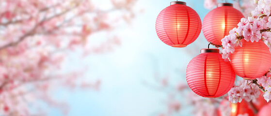 Obraz premium Celebrating cherry blossom festival with lanterns in a serene garden blooming nature tranquil atmosphere