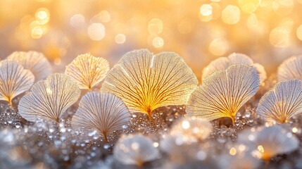 Fototapeta premium Golden mushrooms sunrise dew; nature background