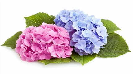 Fototapeta premium Pink, blue hydrangeas, leaves, white background, floral arrangement