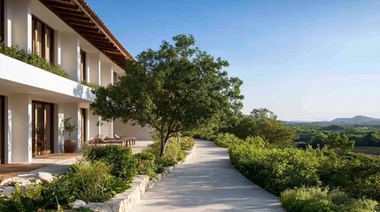 Fototapeta premium Modern villa pathway overlooking countryside