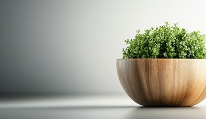 Fototapeta premium Modern Wooden Bowl with Vibrant Green Plant Arrangement on Soft Neutral Background