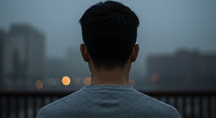 Man gazing at city lights - contemplation and urban solitude - for blogs/social media.