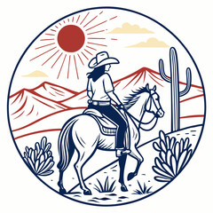 A cowgirl on horseback in the western landscape when the setting sun