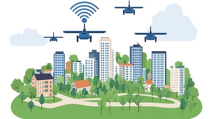 Obraz premium Drones Flying Over Modern Cityscape with Wi-Fi Signals Above