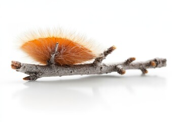 Naklejka premium Close-Up View of Vibrant Orange Caterpillar on a Twig with Detailed Hairy Texture on White Background