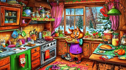 Naklejka premium Cozy Winter Kitchen Scene with Cute Cat Baking Christmas Treats