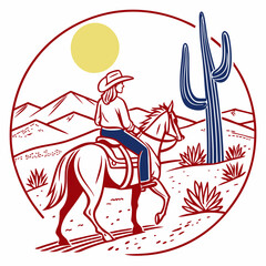 A cowgirl on horseback in the western landscape when the setting sun