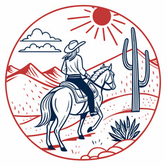 A cowgirl on horseback in the western landscape when the setting sun