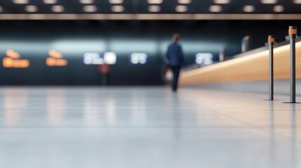 detailed shot of check-in counter with airline logos blurred in background under diffused terminal lighting