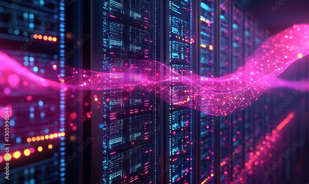Poster Futuristic server illustration depicting quantum computing applications in finance.