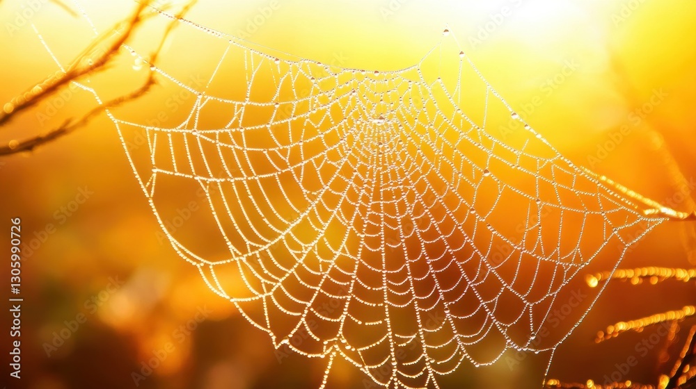 Wall mural beautiful spider web in wild field with dew in morning in spring.