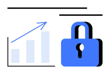 Bar graph with growth trend line alongside a padlock, representing data protection, security, analytics, progress, privacy, encryption, and stability. Ideal for finance cybersecurity statistics