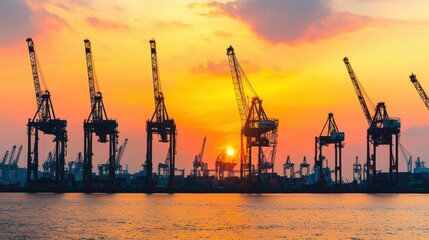 Obraz premium Cargo cranes at the harbor during sunset. Concept of trade, import, export, and logistics.