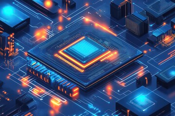 An advanced AI technology infographic showcasing chip architecture, data processing, and automation capabilities.