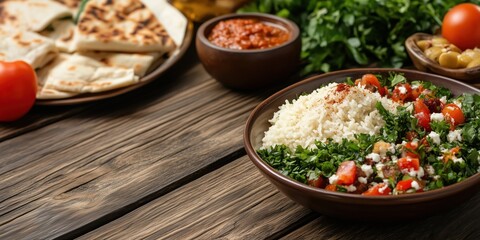 A vibrant dish of rice served with a fresh salad, highlighting the colors and textures of wholesome ingredients, perfect for healthy meals.