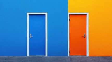 Two colorful doors on a blue and orange wall. Concept of choice, opportunity, and decision making.