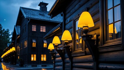 Charming wooden building illuminated by warm yellow lights during twilight, showcasing rustic architecture and tranquil atmosphere