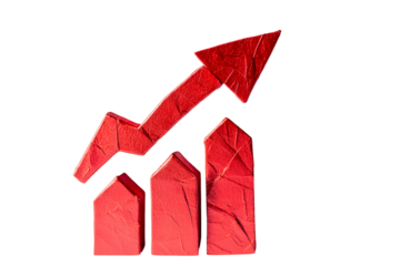 Red upward arrow graph showing rising trend, cut out, white or transparent background