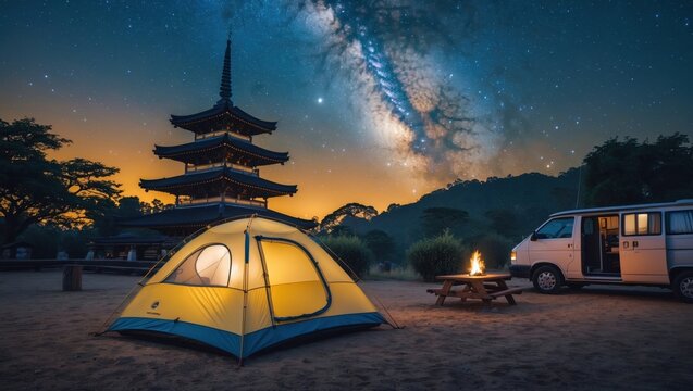 A vibrant campsite under a starry night sky near a traditional structure, with a glowing tent and a campfire providing warmth