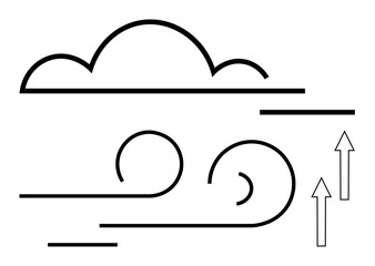 Cloud above swirling wind lines with arrows indicating upward airflow. Ideal for weather, atmosphere, movement, environment, energy, nature, and climate themes. Flat simple metaphor