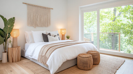 Fototapeta premium warm bohemian style bedroom featuring eclectic decor and natural light