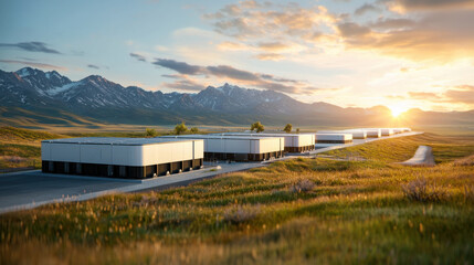 Fototapeta premium Modern industrial buildings in scenic landscape at sunset