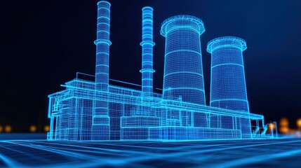 Wireframe of a factory with chimneys. Concept of industry, manufacturing, and technology.