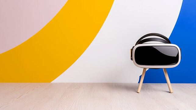 Black VR Headset on Tripod Against Pastel Wall