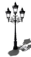Elegant three-lamp streetlight, isolated, white background, for design projects