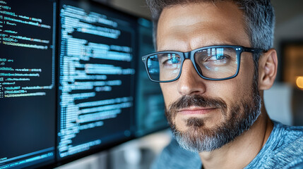 Focused programmer working on code with computer screen reflections