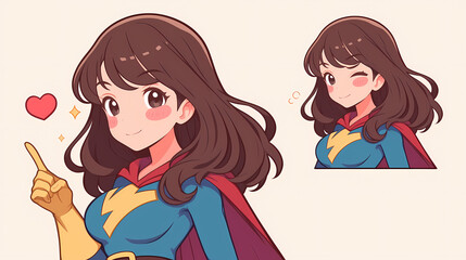 Cheerful superhero character with long hair, winking and pointing, set against a simple background