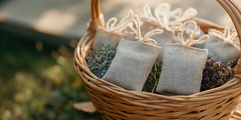 Obraz premium This image showcases beautifully crafted herbal sachets arranged neatly in a wicker basket, highlighting the essence of natural aromas and homely decor.